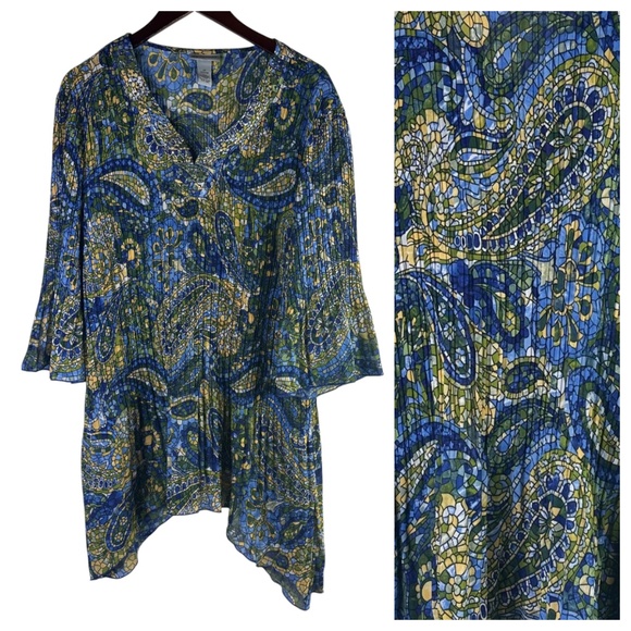 Catherines Top Tunic Shirt Blouse Sz 2X 3X 22 24 Crinkle Stained Glass Mosaic - Picture 2 of 4